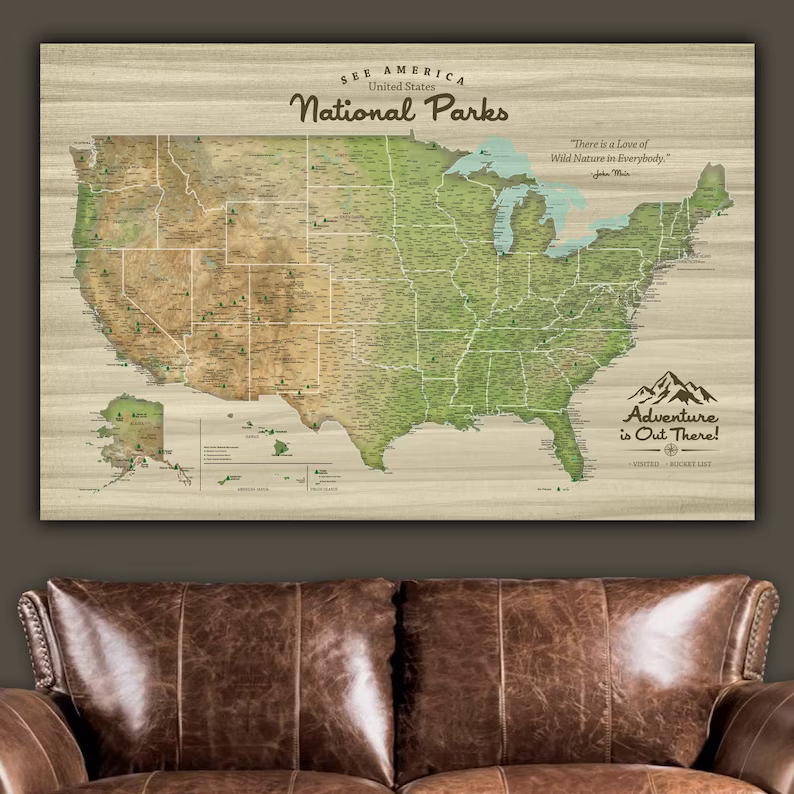 USA National Parks Push Pin Map, USA Travel Map, Custom National Parks Map, Wedding or Travel Gift Decor, Rustic Large Wall Art, Nature art