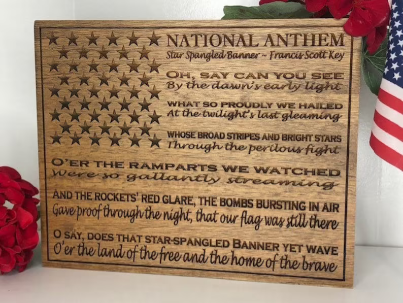National Anthem Wooden Engraving | Star Spangled Banner | Engraved Wood Sign | American Flag | Patriotic Veterans | USA Made