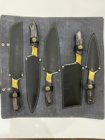 Damascus Steel Chef Handmade Chef Set,Knives Set, Kitchen Knife Set (Set of 5 knives) With Leather Wrap Cover