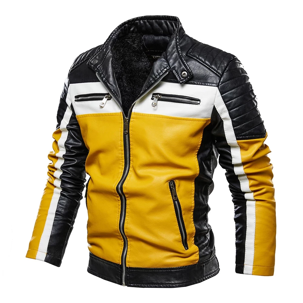 Men Yellow Leather Jacket Patchwork Biker Jackets Man Casual Zipper Coat Male Motorcycle Jacket Slim Fit Fur Lined Outwear Coat