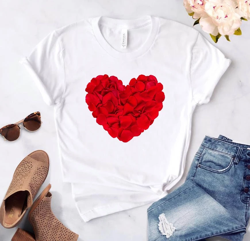 Heart flower print ladies T-shirt ladies casual basis O-collar white shirt short sleeve ladies T-shirt love graphic printing Heart flower print ladies T-shirt ladies casual basis O-collar white shirt