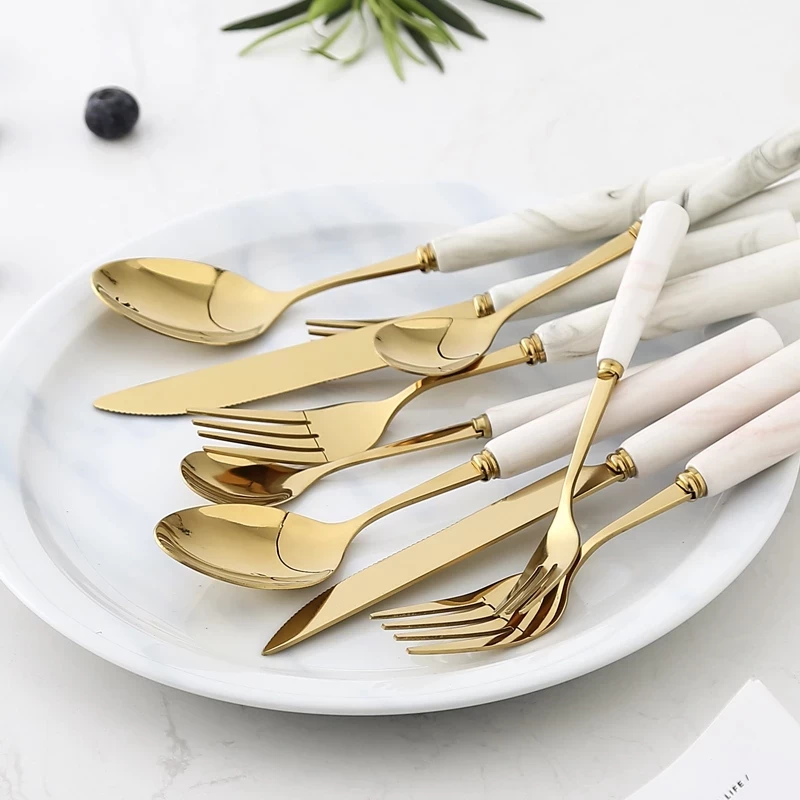 Marble Ceramic Dinner Set Cutlery Knives Forks Spoons Kitchen Dinnerware Stainless Steel Home Party Tableware Set